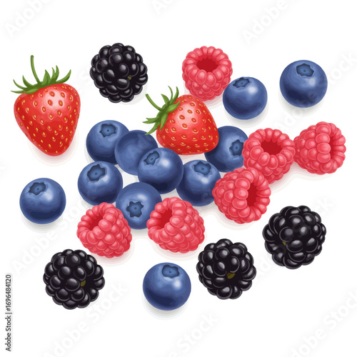 A vibrant and delicious assortment of mixed summer berries including strawberries, blueberries, and raspberries