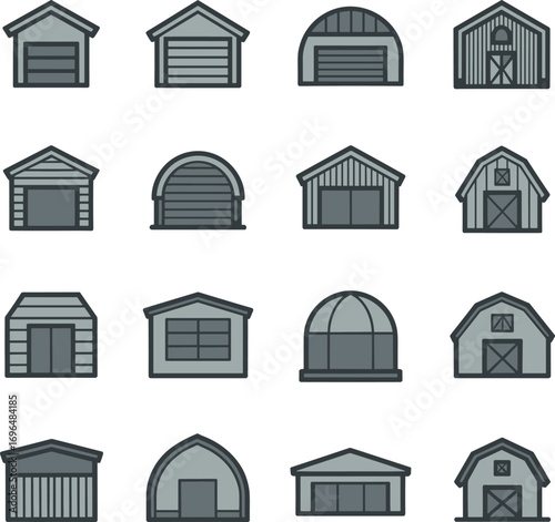 Collection of various garage and barn icons, different building shapes and styles, storage structures, agricultural and residential garages, warehouse illustrations