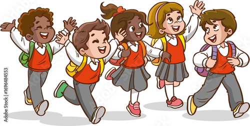 school children happily go to school.