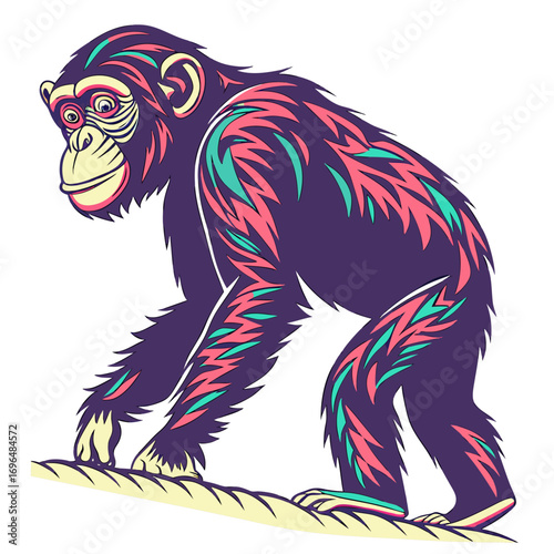 Stylized chimpanzee with colorful patterns on purple fur
