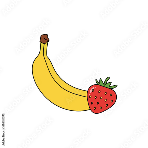 A simple cartoon illustration of a fresh banana and a juicy strawberry fruit combination
