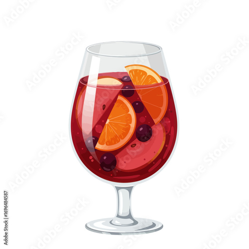 A refreshing glass of traditional Spanish red wine sangria with fresh orange slices and berries