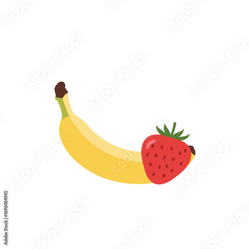 A healthy and delicious fruit combination of a fresh banana and ripe strawberry isolated on white