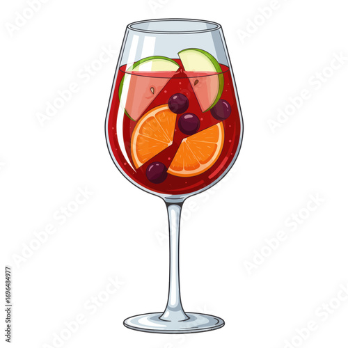 Refreshing Summer Sangria Cocktail Illustration with Slices of Orange, Apple, and Berries, Perfect for Celebrations and Relaxation