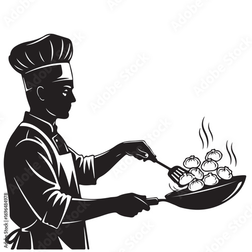 Chef Cooking Steaming Dumplings in a Pan Silhouette Illustration