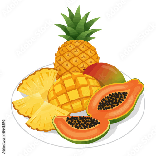 A vibrant assortment of tropical fruits including pineapple, mango, and papaya on a white plate