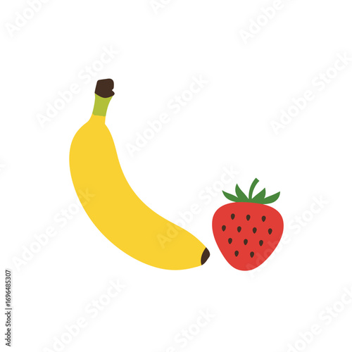 Simple graphic illustration featuring a ripe yellow banana alongside a fresh red strawberry, ideal for healthy eating designs