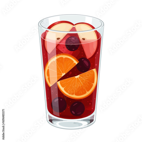 A refreshing glass of red fruit sangria cocktail with sliced oranges and apples