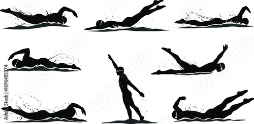 Swimming silhouette vector set, athletes training in water, freestyle stroke, butterfly, backstroke, breaststroke, fitness exercise, competition illustration design
