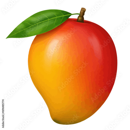 Vibrant tropical mango illustration with a fresh green leaf, perfect for healthy eating concepts