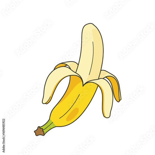Illustration of a partially peeled banana with a yellow peel and white flesh