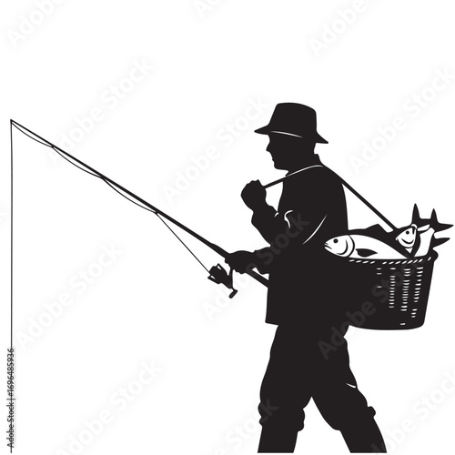 Angler Carrying Fishing Rod and Basket of Fresh Fish