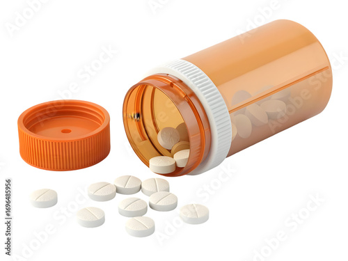 Wallpaper Mural Photorealistic 3 D rendering of an amber plastic pill bottle with a ribbed orange cap several white scored pills spilling out onto a black... isolated on a transparent background Torontodigital.ca