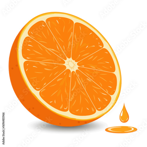 Juicy ripe orange fruit cut in half with fresh juice dripping out on a white background