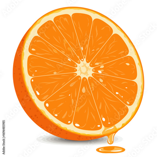 Juicy sliced orange fruit illustration with a fresh citrus half and a single juice drop