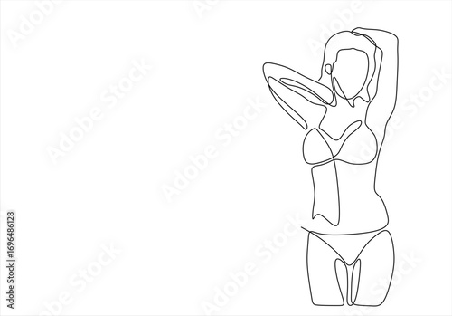 Attractive woman in continuous line art drawing style. Slim woman posing in bikini minimalist black linear sketch isolated on white background. Hand drawn one line vector. Editable stroke