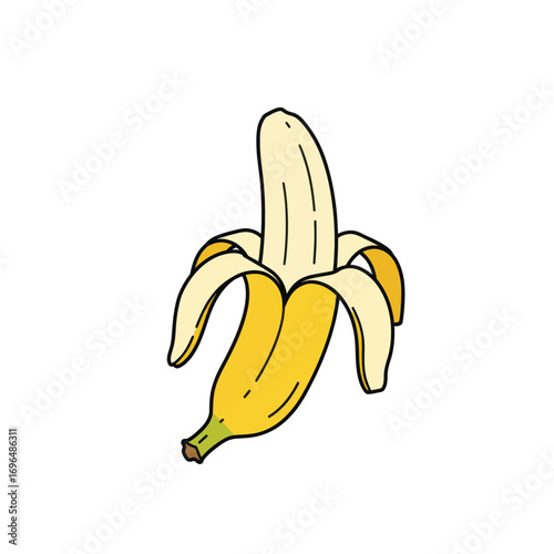 Hand-drawn illustration of a single ripe yellow peeled banana, a healthy tropical fruit snack isolated on a white background