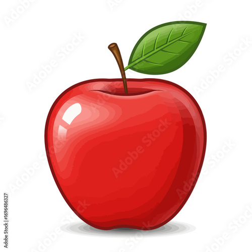 Fresh and Shiny Vector Illustration of a Bright Red Apple with Green Leaf