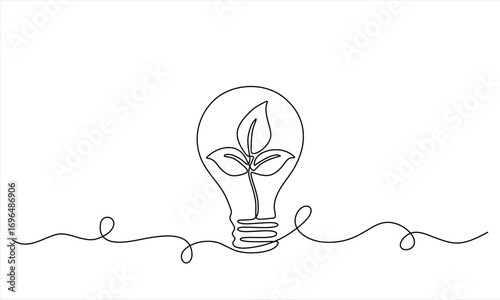 Plant inside Lightbulb in one line drawing. Creative concept of Green energy and environmental friendly sources. Hand drawn one line vector. Editable stroke
