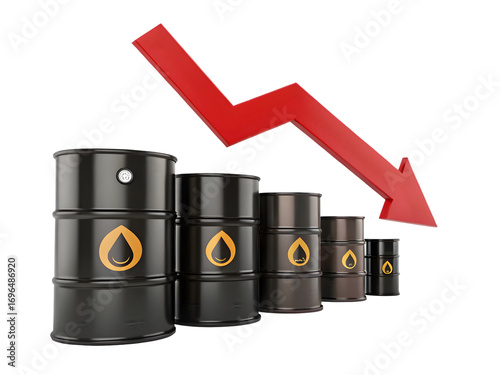 Realistic 3 D Render of Black Oil Barrels Decreasing in Size with a Red Downward Arrow isolated on a transparent background