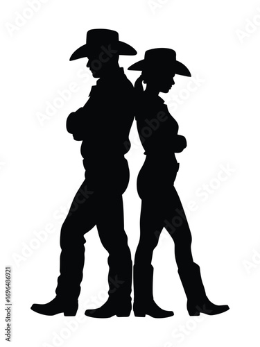 Silhouette of two cowboys back to back wearing cowboy hats and western attire illustration white background