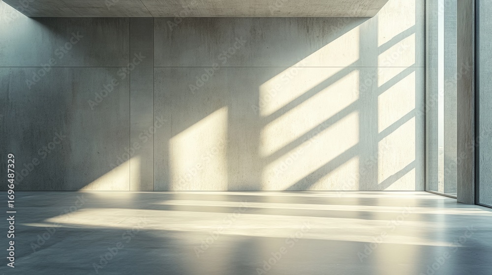 Obraz premium A minimalist interior space with concrete walls and sunlight creating geometric shadows on the floor.