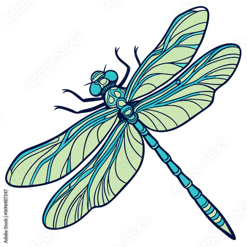 A detailed illustration of a blue and green dragonfly