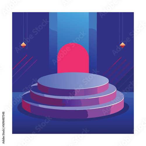 Circular Podium with Arched Entrance and Hanging Lights Keywords: podium, stage, circular, award