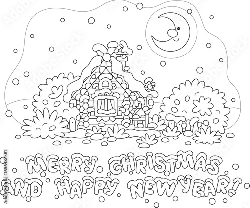 Smiling moon and a snow-covered small wooden house from a fairytale with rustic decorations, a porch and an old fence on a snowy and frosty winter night on Christmas Eve, vector cartoon illustration