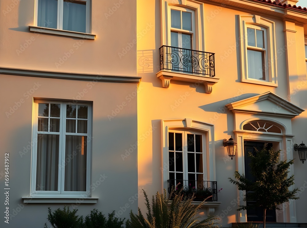 Fototapeta premium Elegant Stucco Building Facade at Golden Hour