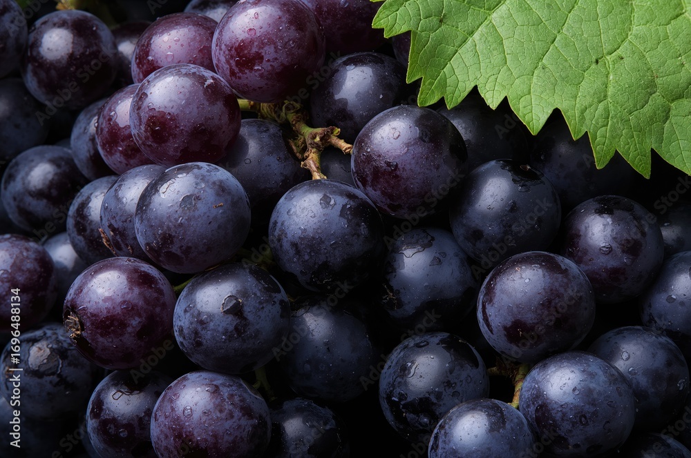 Fototapeta premium Photo of a bunch of dark purple grapes with green leaves, looking fresh and juicy.