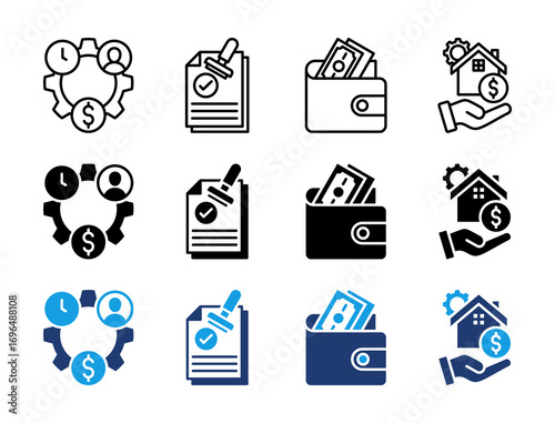 Finance and Property Icon Set. Containing Resource, Approval, Wallet, and Asset Icons Collection.