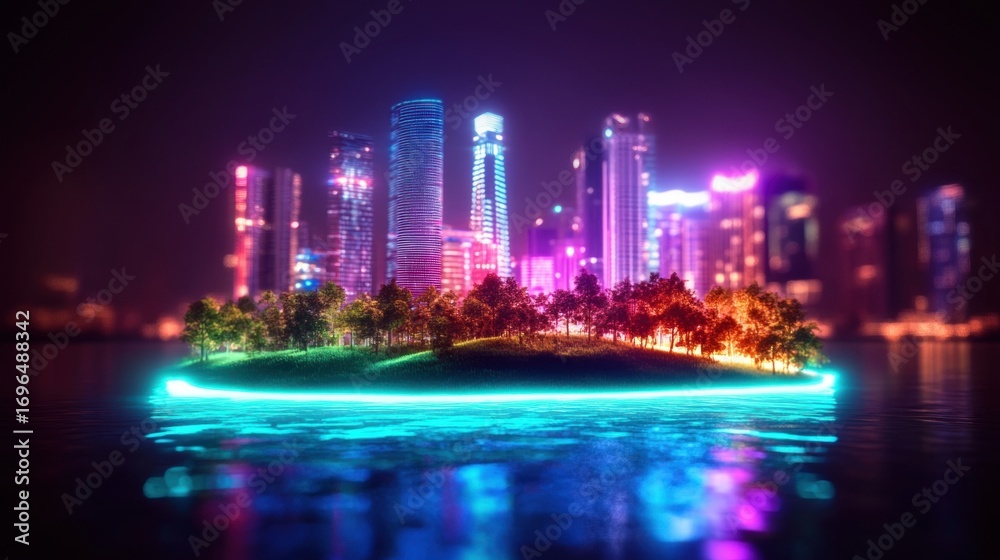 Naklejka premium Colorful city skyline at night with illuminated island in the foreground