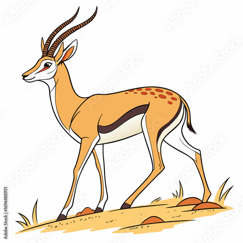 Illustration of a gazelle standing on dry ground with sparse vegetation