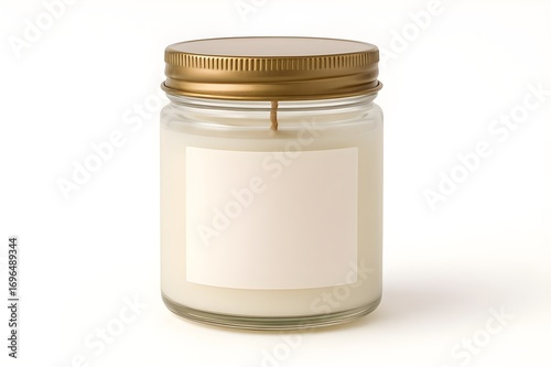 Minimalist glass jar candle with gold lid and blank label on white background clean product mockup for branding and packaging design.