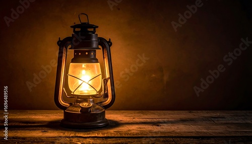 Vintage kerosene lamp lit in dark room