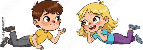 Cartoon children talking, cute boy and girl illustration, communication between kids, friendship concept, playful children artwork, educational image, social learning, childhood moment drawing