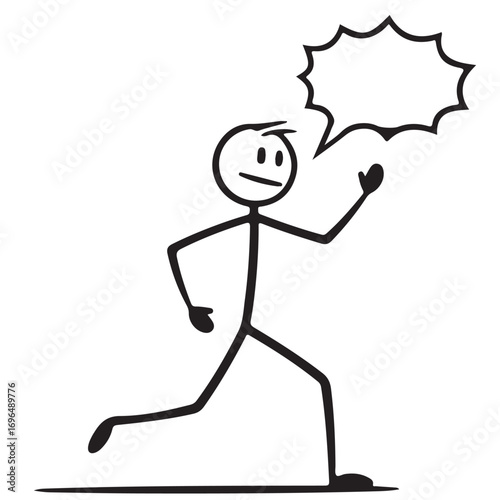 Running Stick Figure with Blank Speech Bubble on White Background
