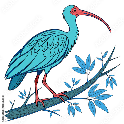 Turquoise ibis bird with red beak and legs perched on a branch