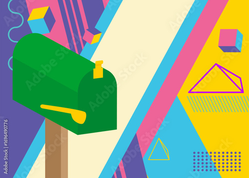 Mailbox geometrical graphic retro theme background. Minimal geometric elements. Vintage abstract shapes vector illustration.