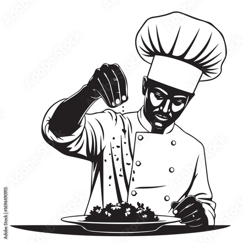 Professional Chef Seasoning a Gourmet Dish Black and White Illustration