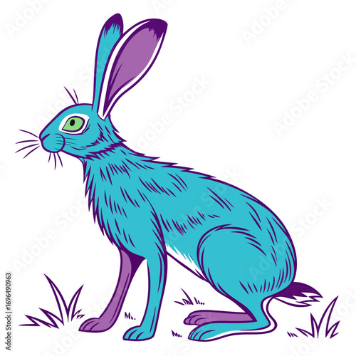 Turquoise and purple rabbit sitting in grass