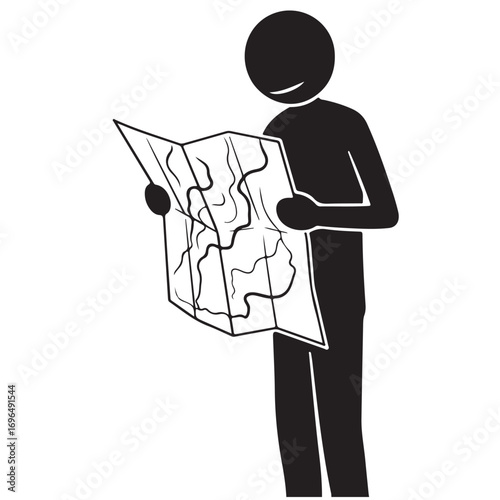 Stylized Smiling Person Reading a Folded Map