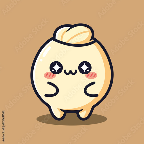 Cute dumpling character smiling sweetly on brown surface, radiating warmth and joy with its adorable expression, perfect for foodthemed content.