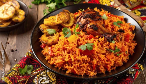 Nigerian jollof rice bright orange rice dish with tomatoes, peppers, and spices, served with grilled chicken and fried plantains on a vibrant patterned cloth
