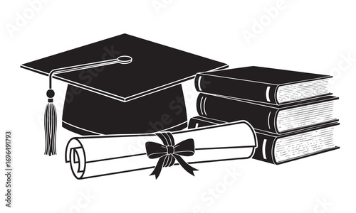 Graduation Cap, Diploma, and Stack of Books - Academic Achievement Concept