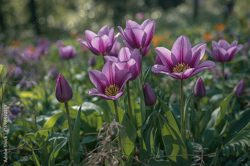 Fototapeta premium Vibrant purple tulips blossoming in an open garden setting