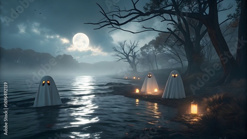 Fototapeta Naklejka Na Ścianę i Meble -  Ethereal spectral figures emerge from a misty moonlit lake on a spooky halloween night