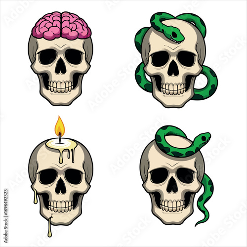 Vector art of set of skulls with brain, snake and candle for halloween