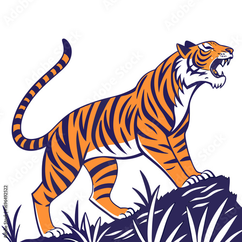 A stylized tiger with orange and black stripes stands on a rocky outcrop